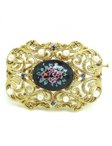 Noblesse Oblige  Spilla vintage in oro 18 KT con zaffiri e perle